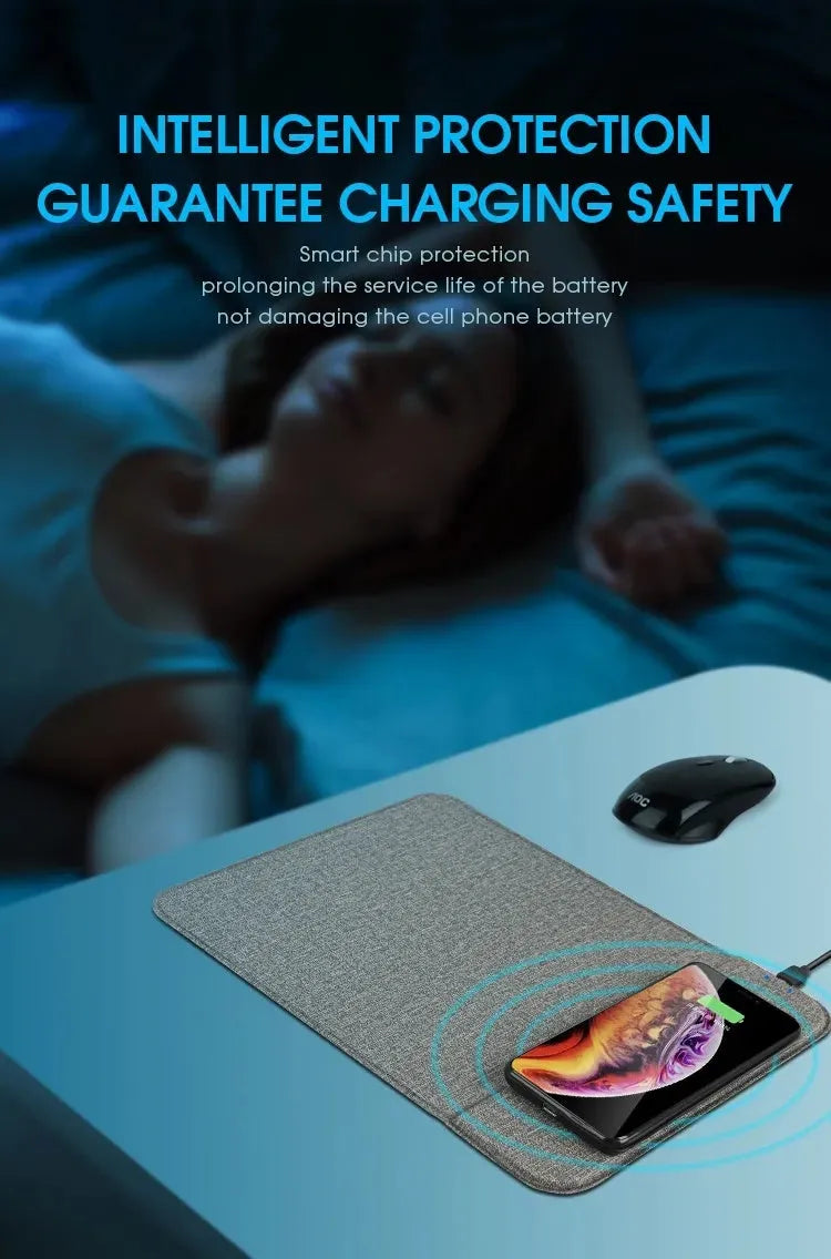 Foldable cloth phone stand with integrated 10W Qi wireless charging pad.