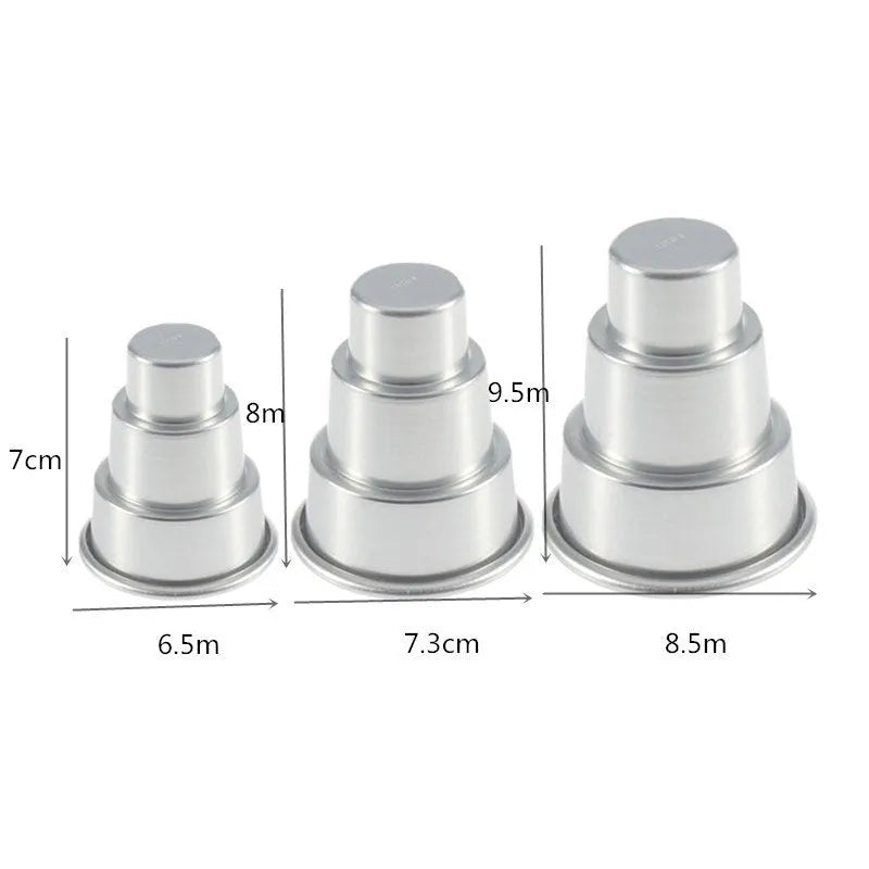 Silver aluminium alloy cake mould set with three graduated sizes for layered baking