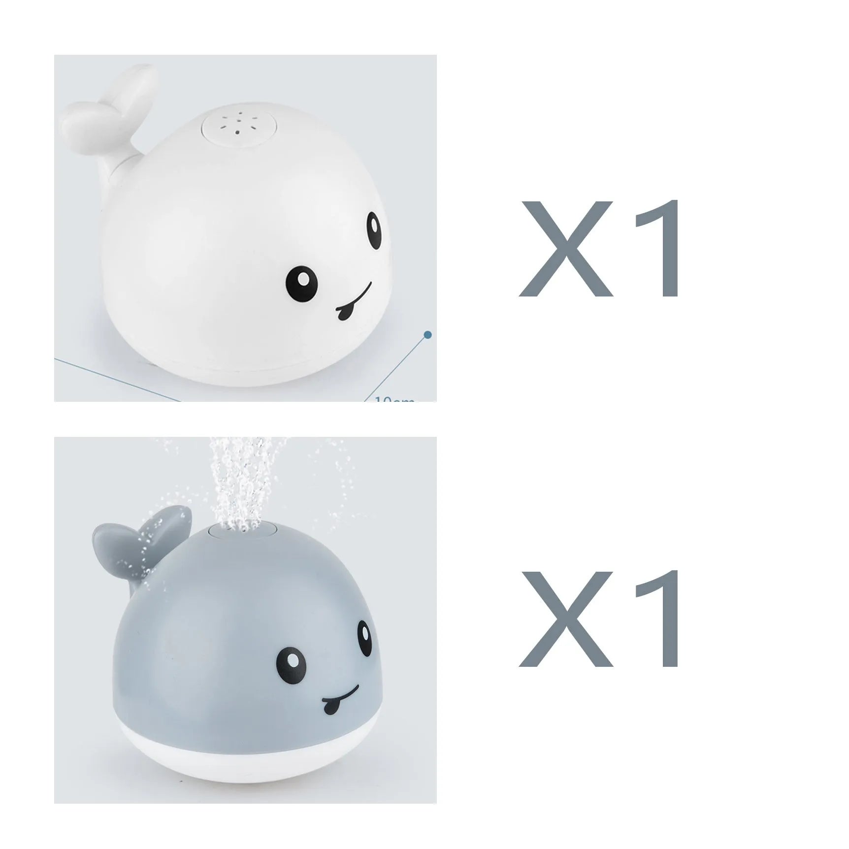 Whale-shaped electric bath toy spraying water with flashing lights, on a blue base.