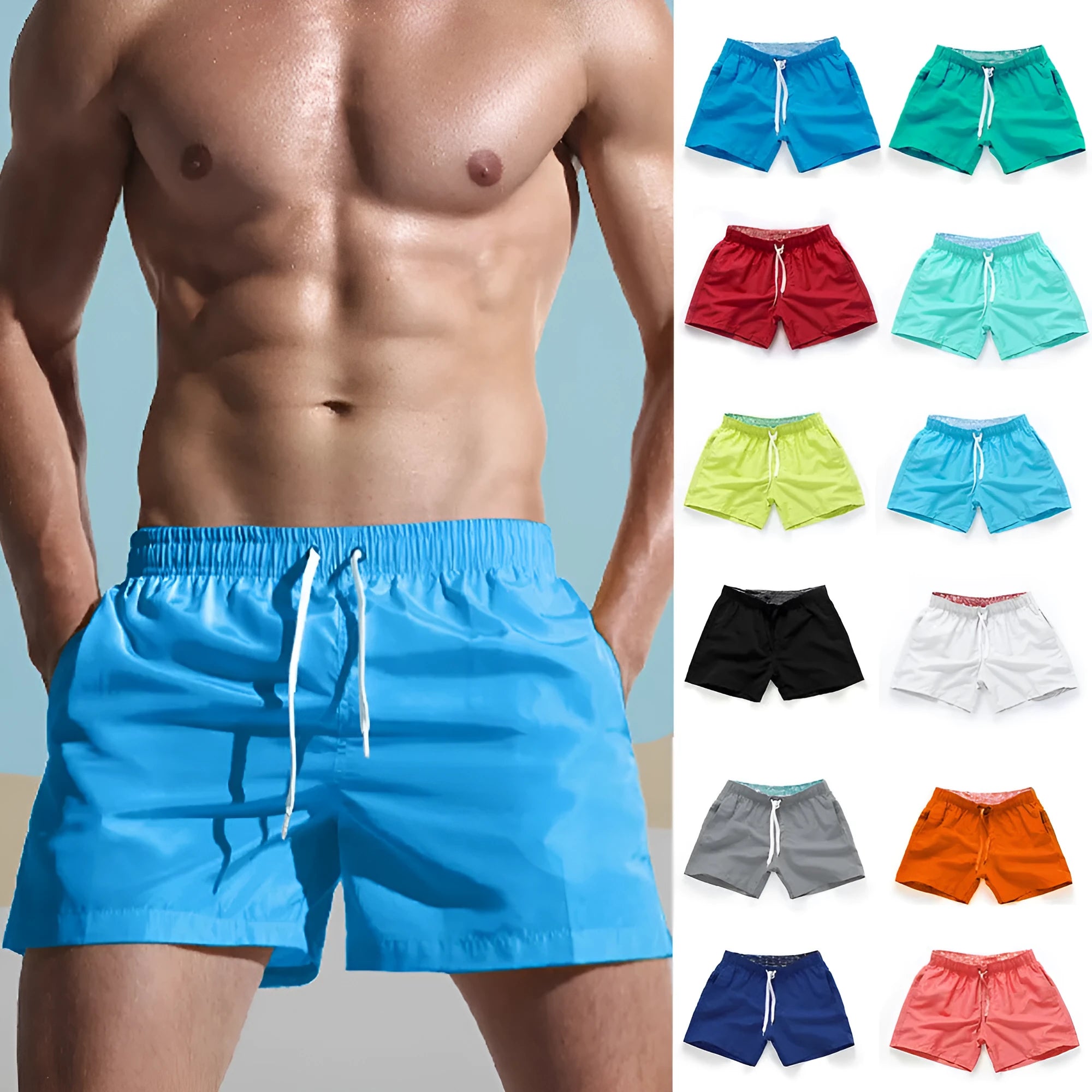 Men's polyester beach shorts with straight leg opening in multiple colours including black, white, and fluorescent yellow