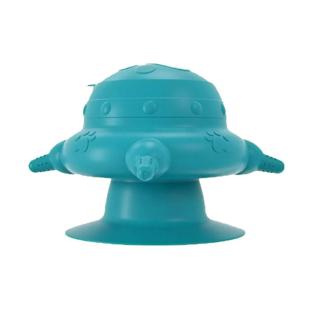 Pink silicone pet nursing milk bowl with four attached pacifiers on a flat base.