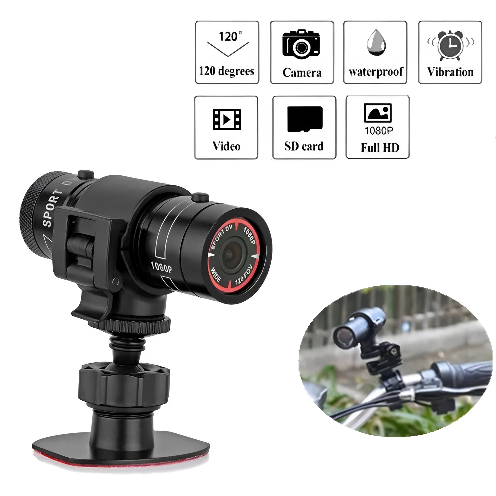 IP6 Sports Camera in Black with 120 degree wide angle lens and waterproof aluminium alloy shell