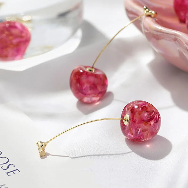 Red alloy cherry earrings with a long sweet fashionable drop design for women