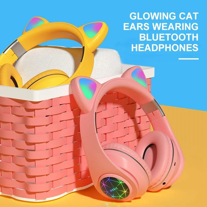 Cat ear wireless sports Bluetooth headset in various colours showing head-mounted design and earpieces