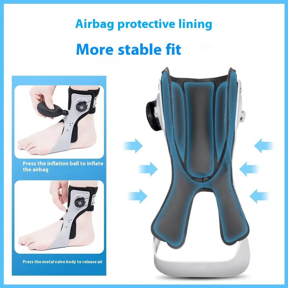 Grey or black ankle fixation brace with airbag button support showing left and right foot models