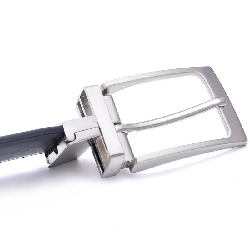 Men's rotating pin buckle leather belt in dark brown with genuine leather strap