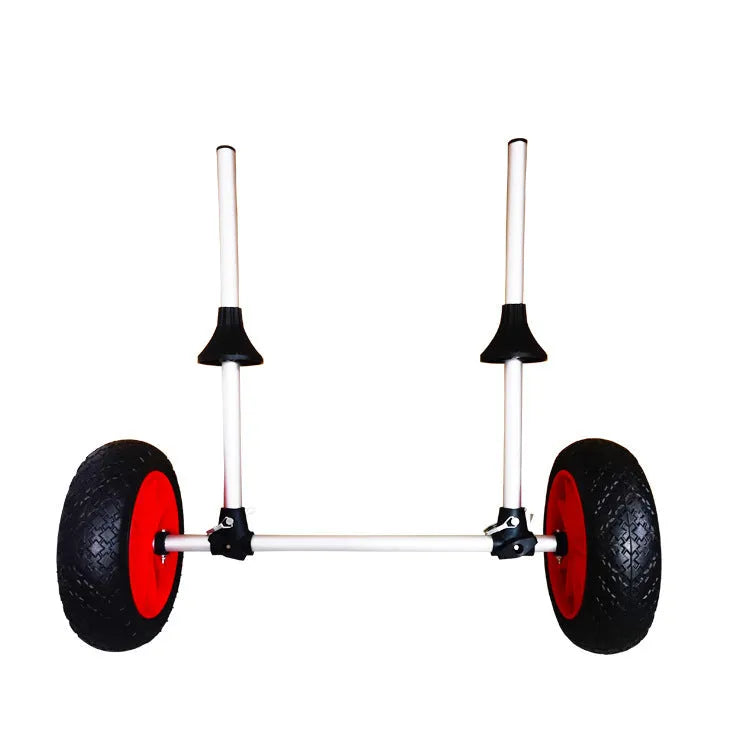 Foldable kayak beach trailer cart with upright pole, made from silver aluminium alloy tubing and black rubber.