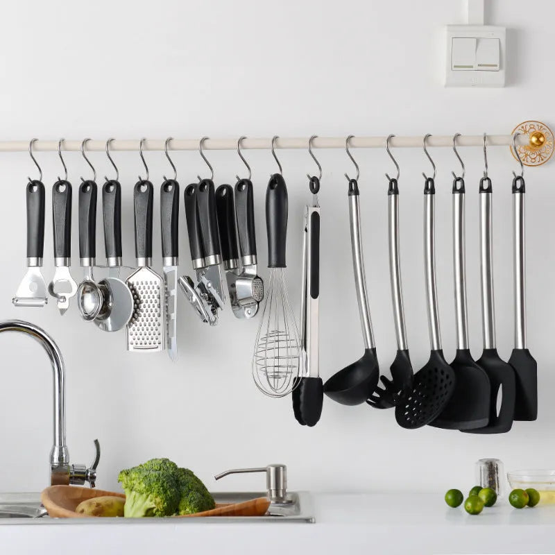 Black silicone kitchen spatula spoon set with stainless steel handles 16 pieces modern design