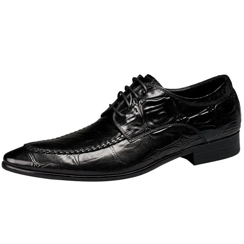 Men's black leather casual shoes with alligator pattern texture and a silver horse bit buckle