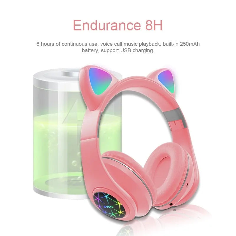 Cat ear wireless sports Bluetooth headset in various colours showing head-mounted design and earpieces