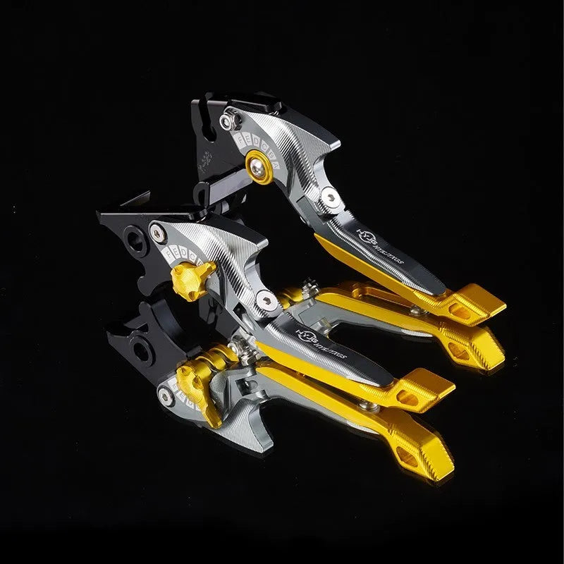 Pair of anodised metal motorcycle horn handle clutch levers with six-speed adjustable length, shown in a selection of colour finishes