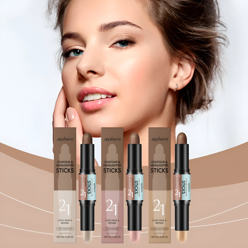 Dual-ended 2-in-1 highlighter and repair makeup pencil for eyebrows and contouring.