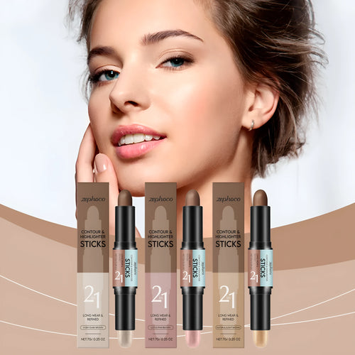 Dual-ended 2-in-1 highlighter and repair makeup pencil for eyebrows and contouring.