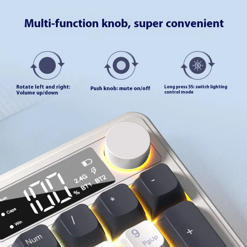Wireless mechanical-feel keyboard and mouse in a two-tone colour option, showing Type-C cable and connectivity switches.