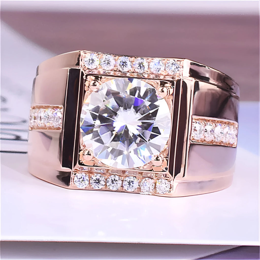 Men's geometric adjustable copper ring with high-carbon diamond zircon stones in an electroplated finish.