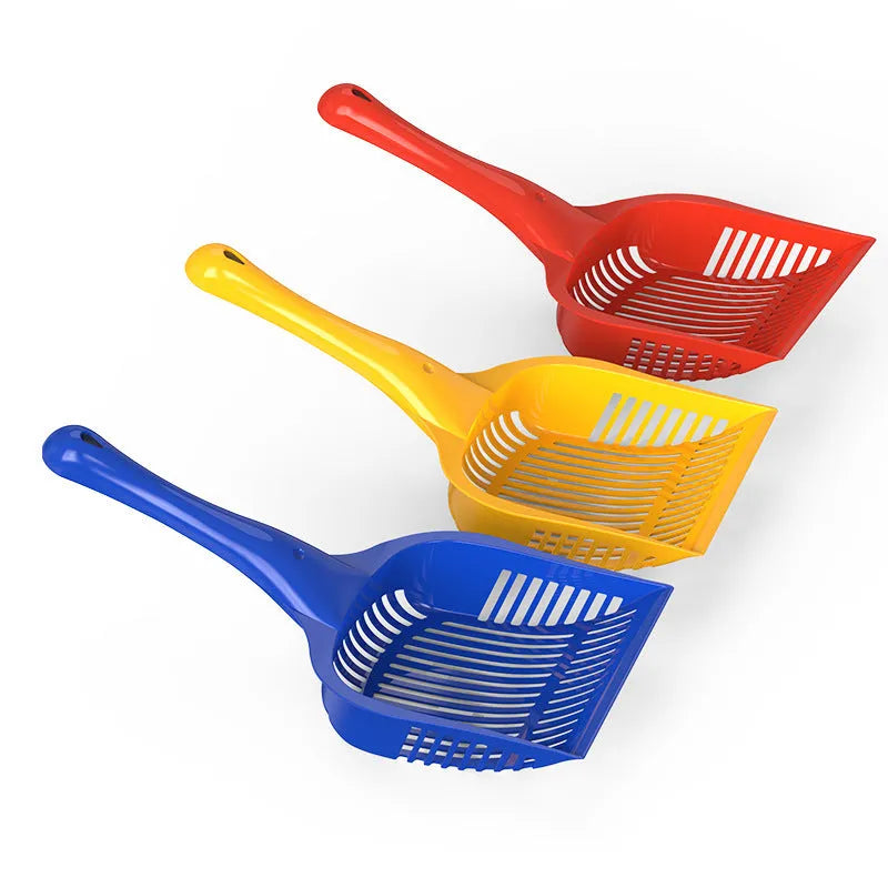 Plastic cat litter scoop in red, yellow or blue colour showing small and medium size options