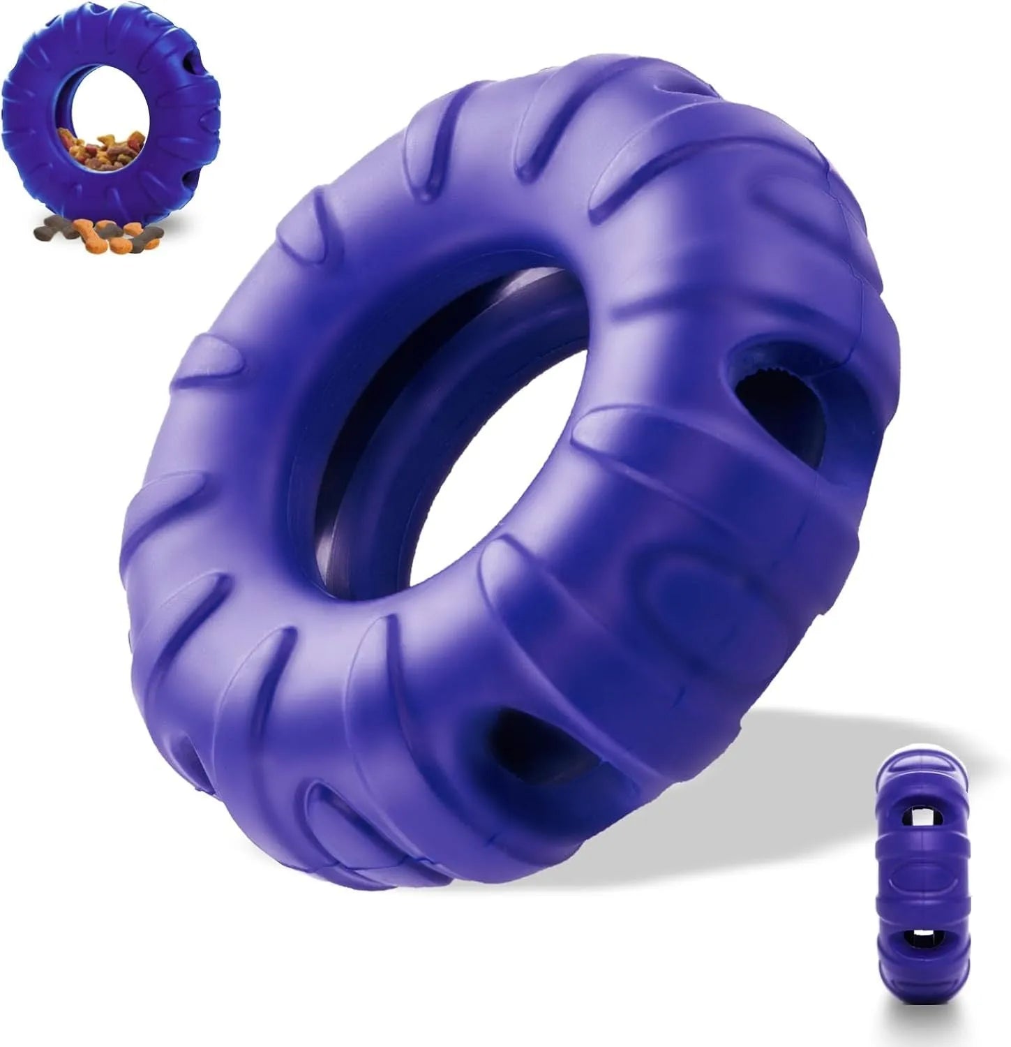 Blue natural rubber tyre-shaped dog chew toy and slow feeder on a wooden floor