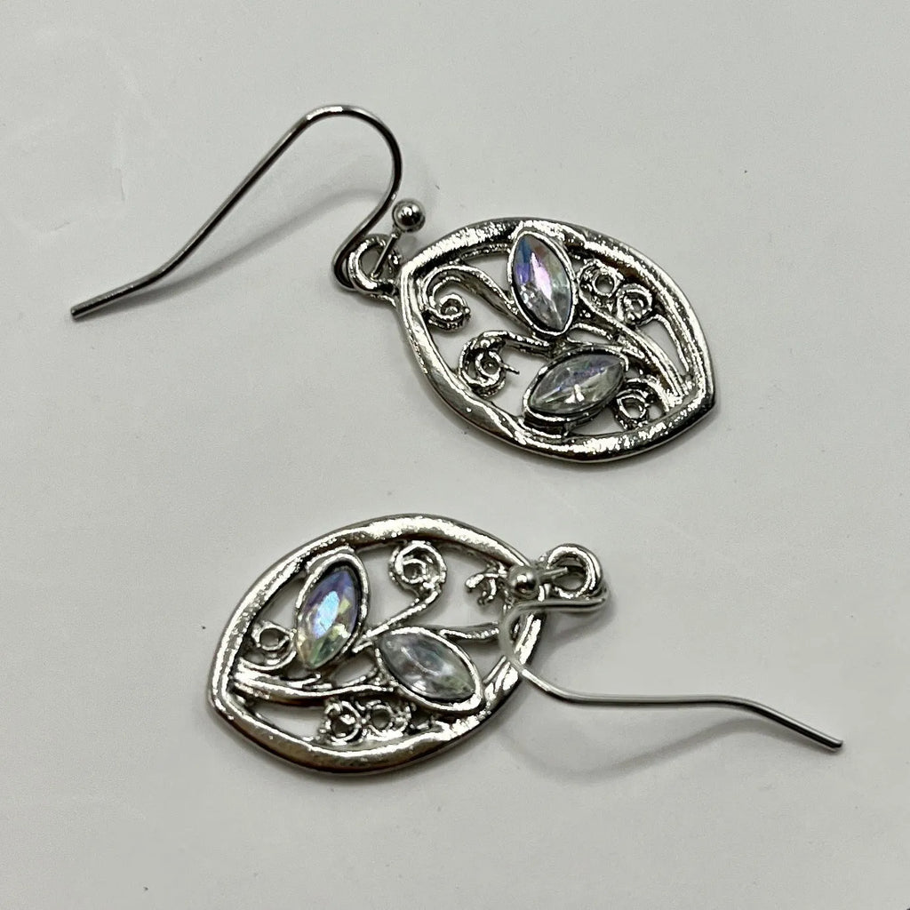 Silver colour leaf-shaped women's earrings with embedded colourful moonstones