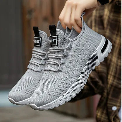 Men's solid colour casual shoes with mesh upper in army green, shown from side perspective.