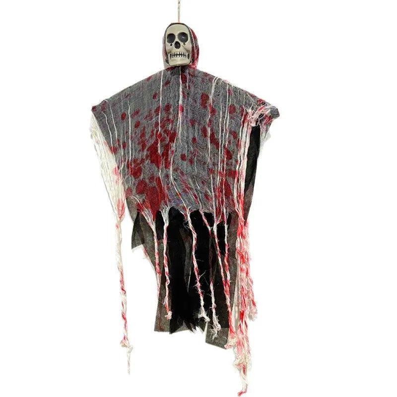 Halloween plastic hanging decoration showing blood-dyed luminous skull and ghost ornament for outdoor or indoor display