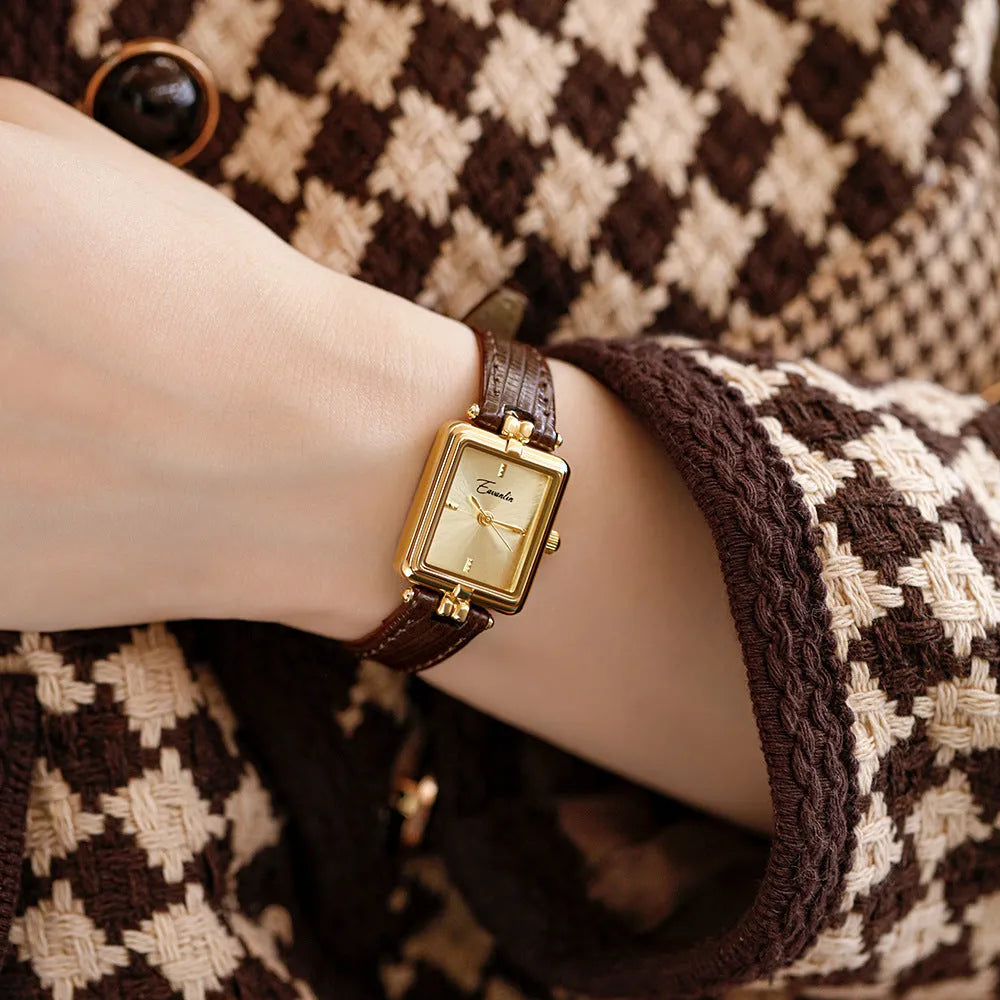 Women's retro small square watch with black leather strap and gold frame, 8mm thickness
