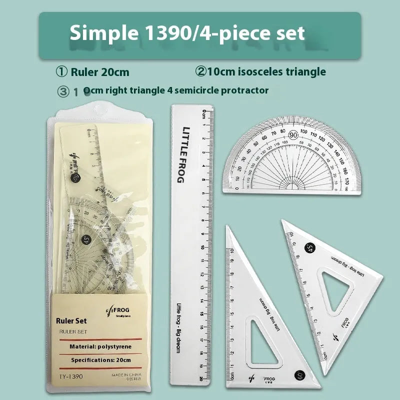 Transparent acrylic ruler set with square and protractor tools for drawing and geometry measurement