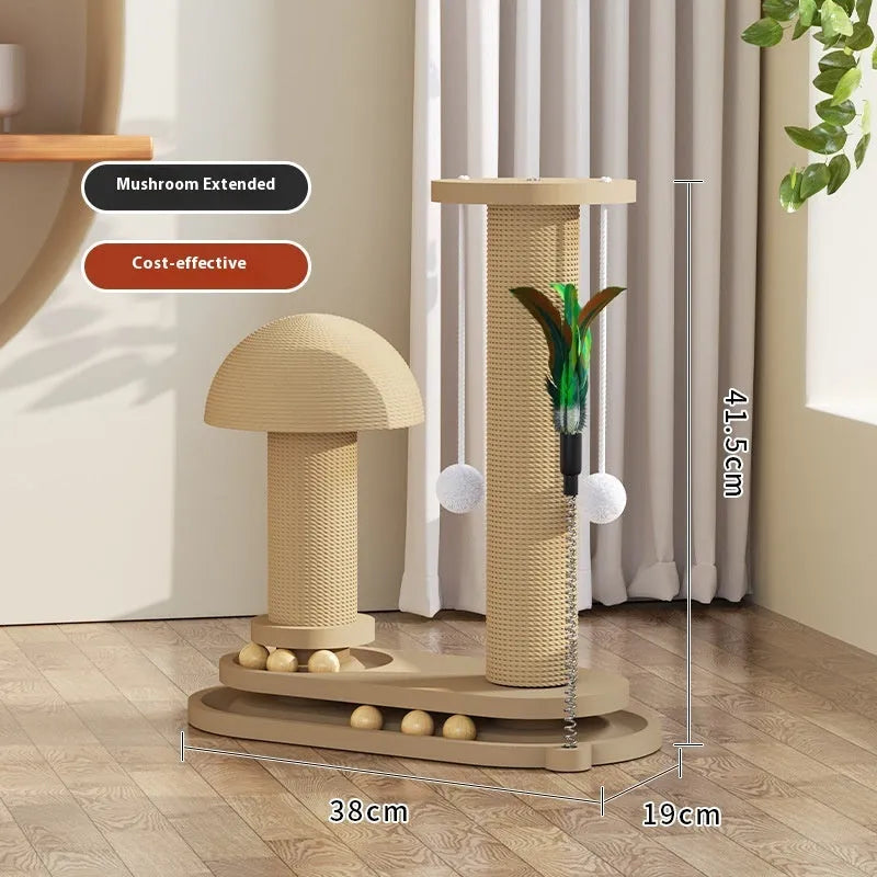 Solid wood cat scratching post with turntable and climbing frame in natural wood finish