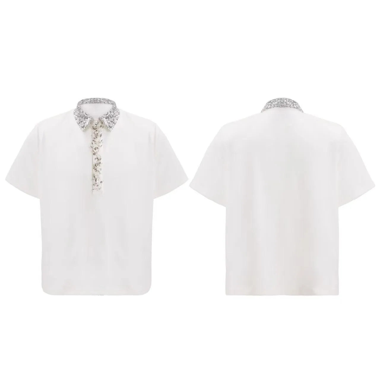 Men's black loose fit polo shirt with square collar and heavy embroidery sequin pattern on chest