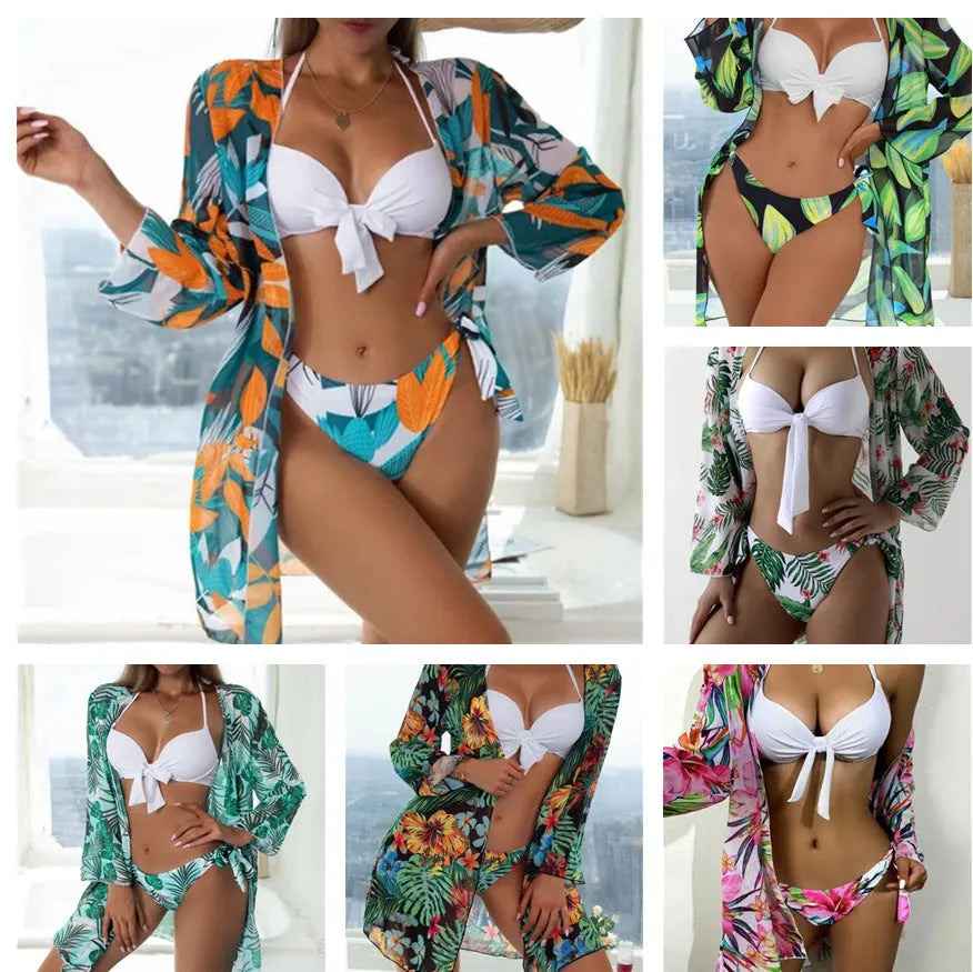 Women's three-piece bikini swimsuit set with mesh detail, including top, bottoms, and a matching coat.