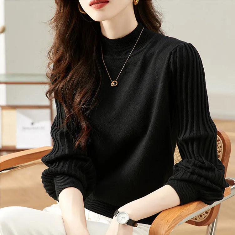 Slim fit half turtleneck bottoming shirt in core-spun yarn with spandex, showing sunken stripe design