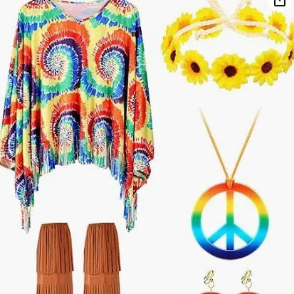 Colourful tie dye printed sleeveless cloak costume for Halloween, shown in rainbow colours.