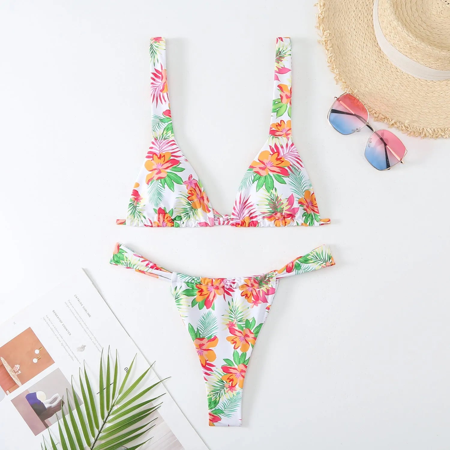 Women's floral print bikini swimsuit set in polyester fabric with bra and briefs