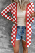 Long grey plaid knitted cardigan coat on a model, showing loose fit and regular sleeves.