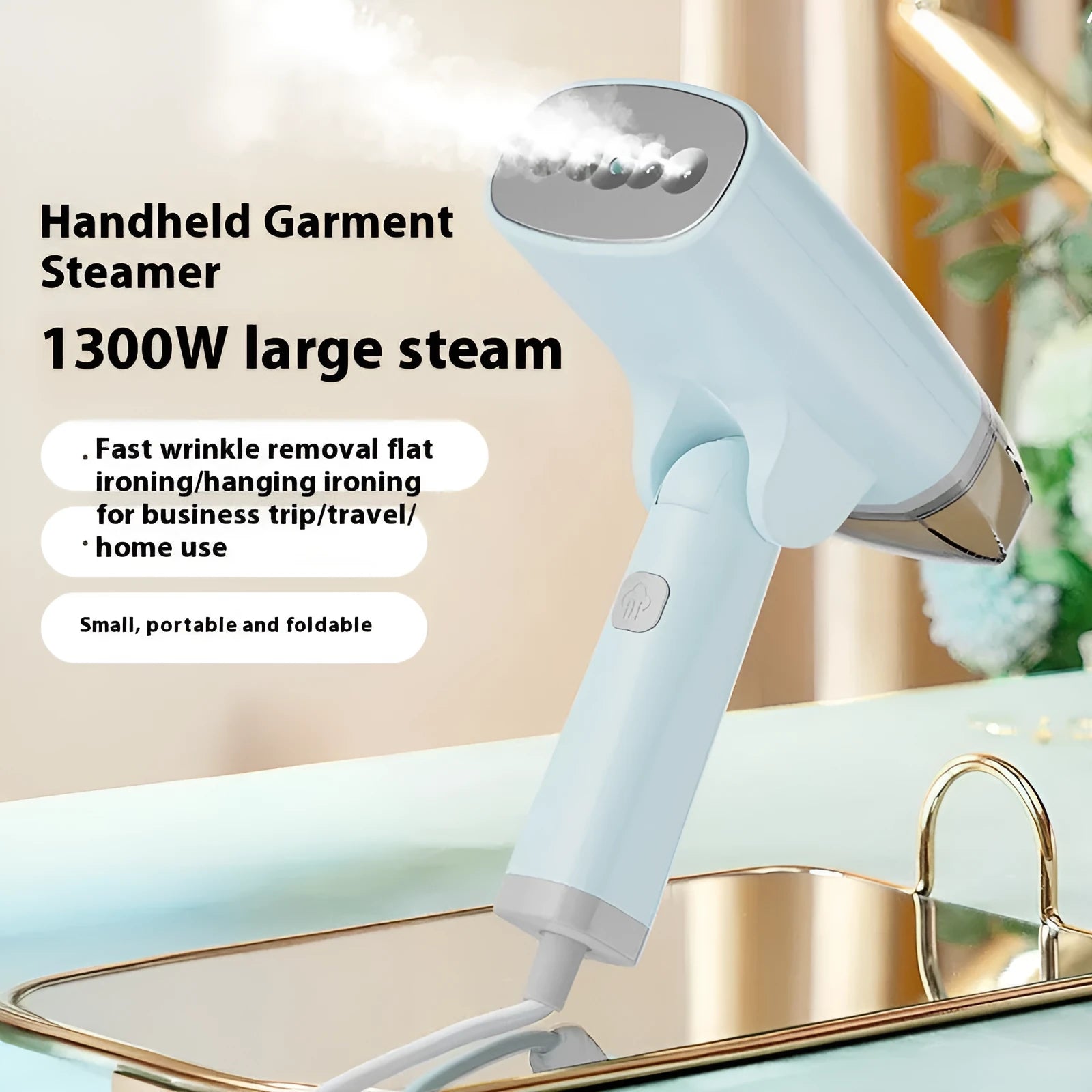 Blue and white handheld garment steamer with hanging function and 1300W power rating