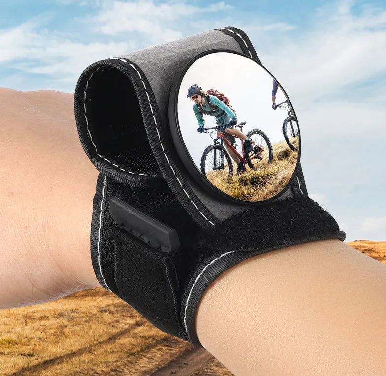 Black nylon bicycle rear-view mirror mounted on handlebars for cycling safety