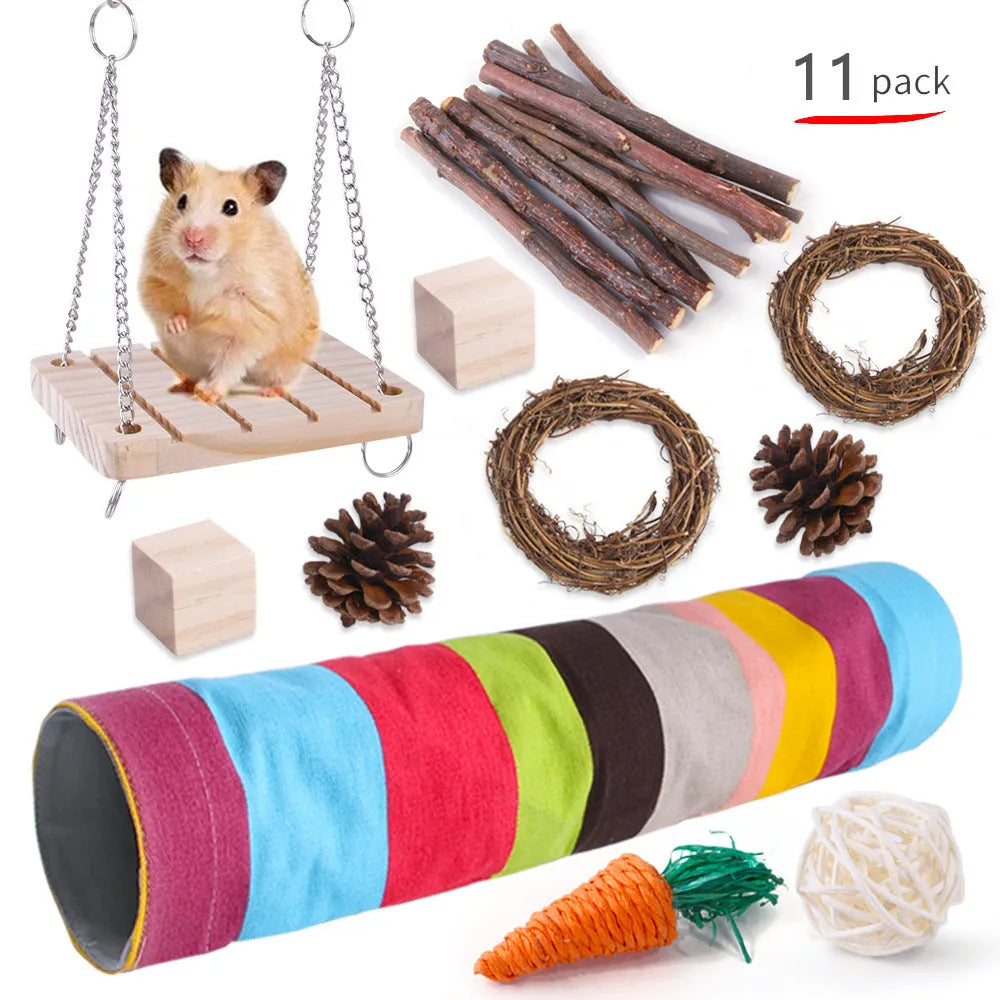 Wooden chew toy sets for rabbits, guinea pigs and parrots with various natural components