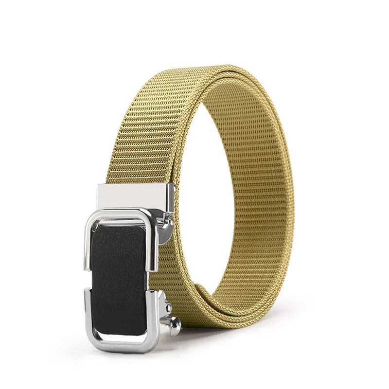 Men's nylon canvas belt in army green with an alloy buckle, laid flat showing 120cm length.
