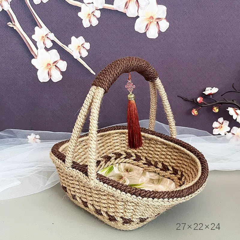 Natural straw hand-woven rustic retro basket in coffee brown, measuring 19cm by 12cm.