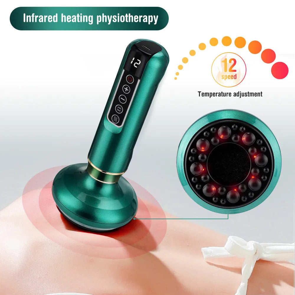 Green electric vacuum cupping massager with adjustable suction and heating controls