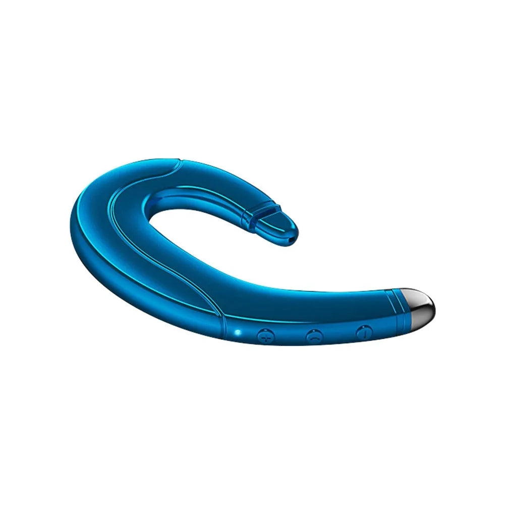 Single-ear Bluetooth earphone mounted on ear with open design, shown in black, blue, and red colour options.