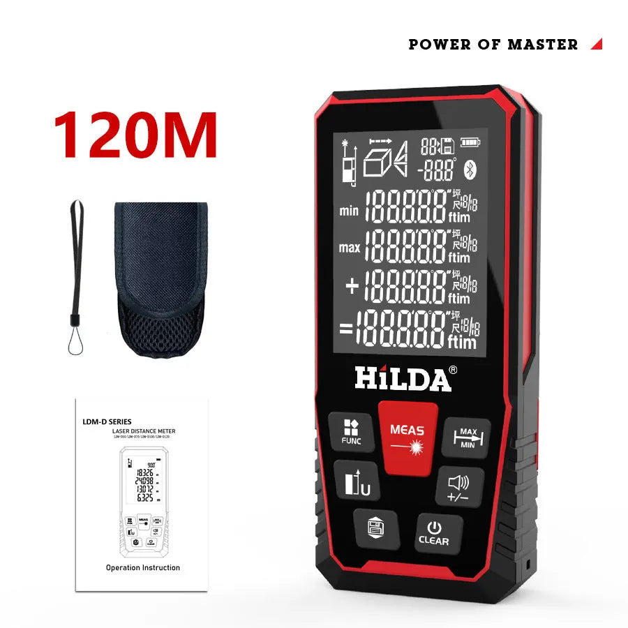 Handheld black and yellow laser rangefinder for distance measurement up to 120 metres.