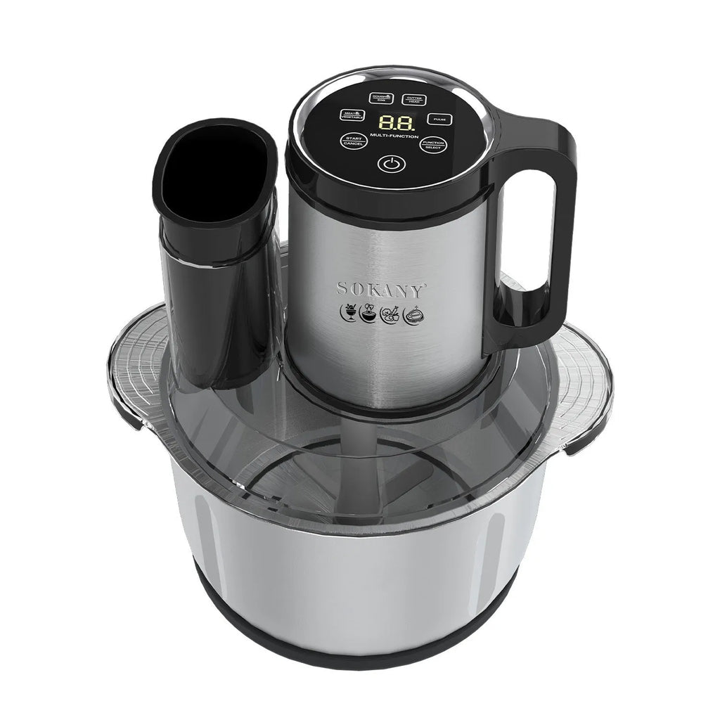 Stainless steel meat grinder and food processor machine on a kitchen countertop