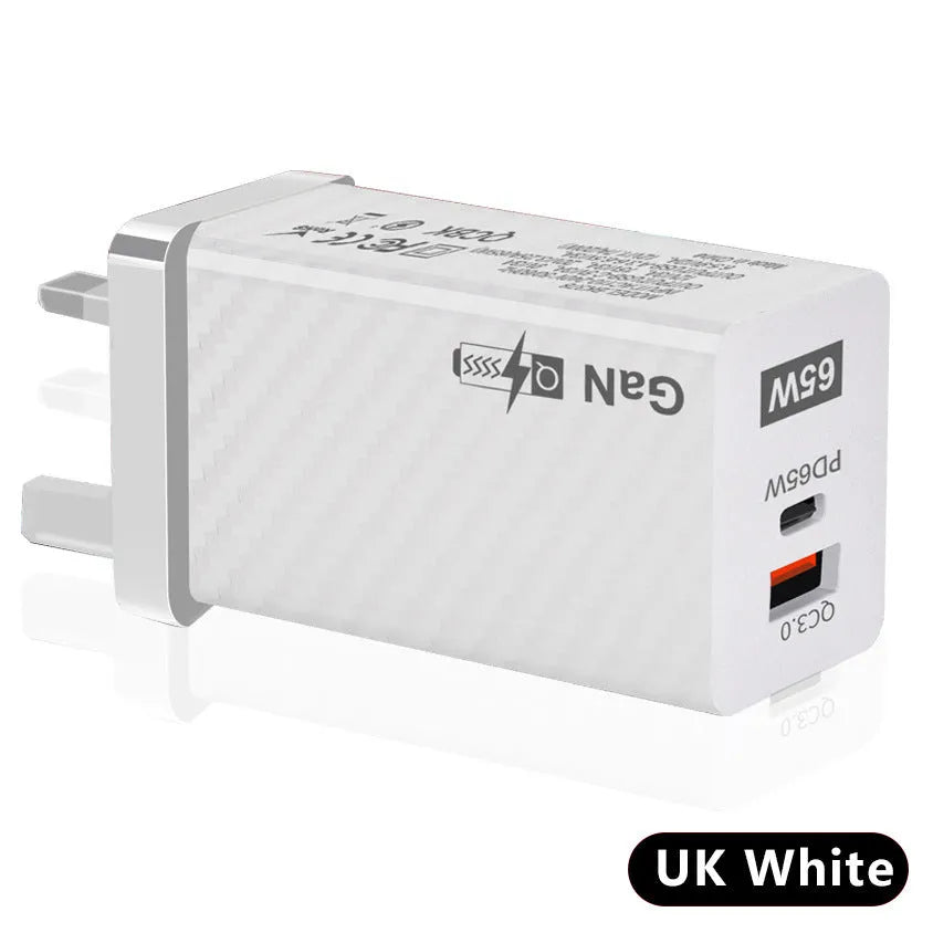 Gallium nitride 65W USB-PD laptop charger in black or white with compact dimensions and regional plug options