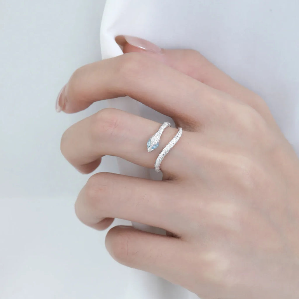 Silver snake design ring with adjustable opening and platinum colour electroplated finish