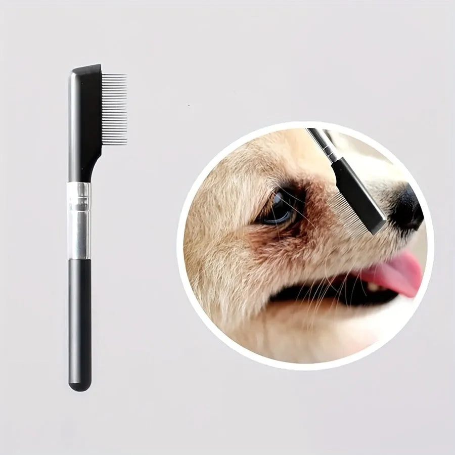 Black pet grooming brush with soft silicone bristles and a built-in comb for dogs and cats.
