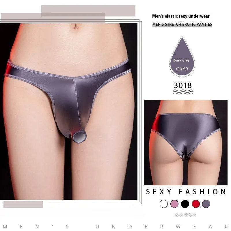 Men's low waist T-back underwear in shiny nylon fabric on a colour background showing available shades.