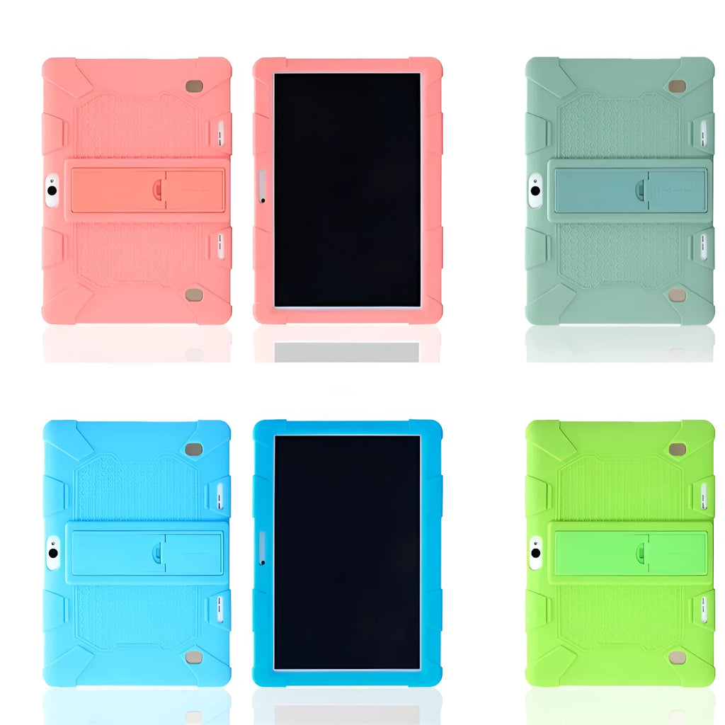 Pink silicone protective case with stand for a 10.1-inch tablet on a table.