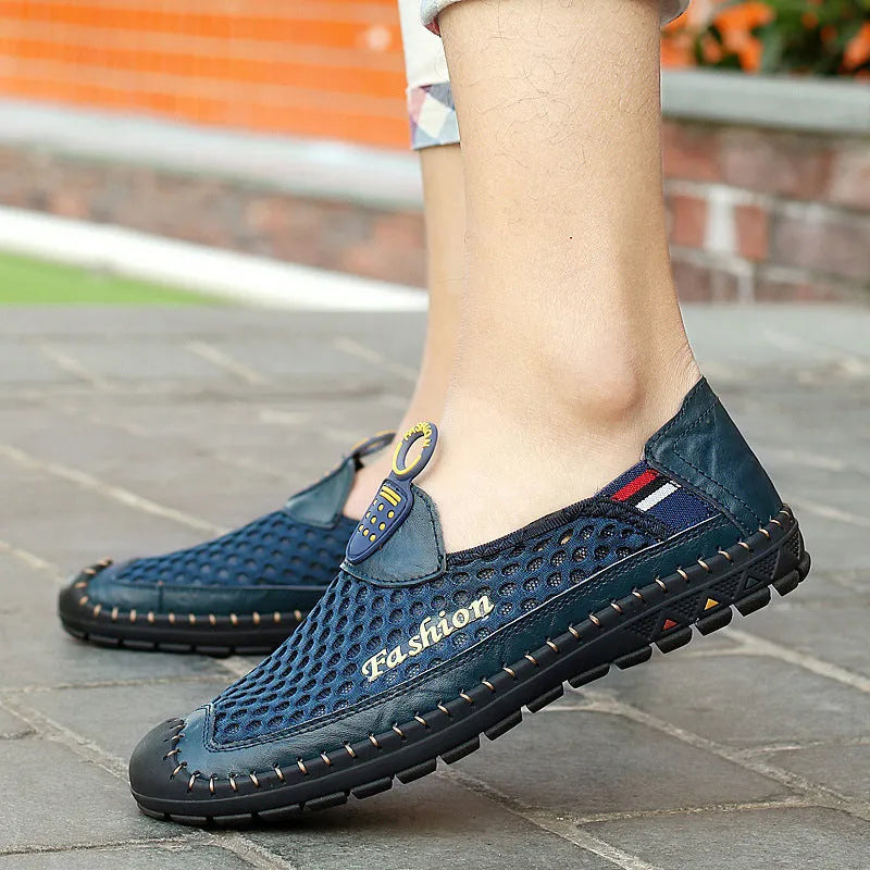 Men's brown breathable mesh casual shoes with round toe and rubber sole.