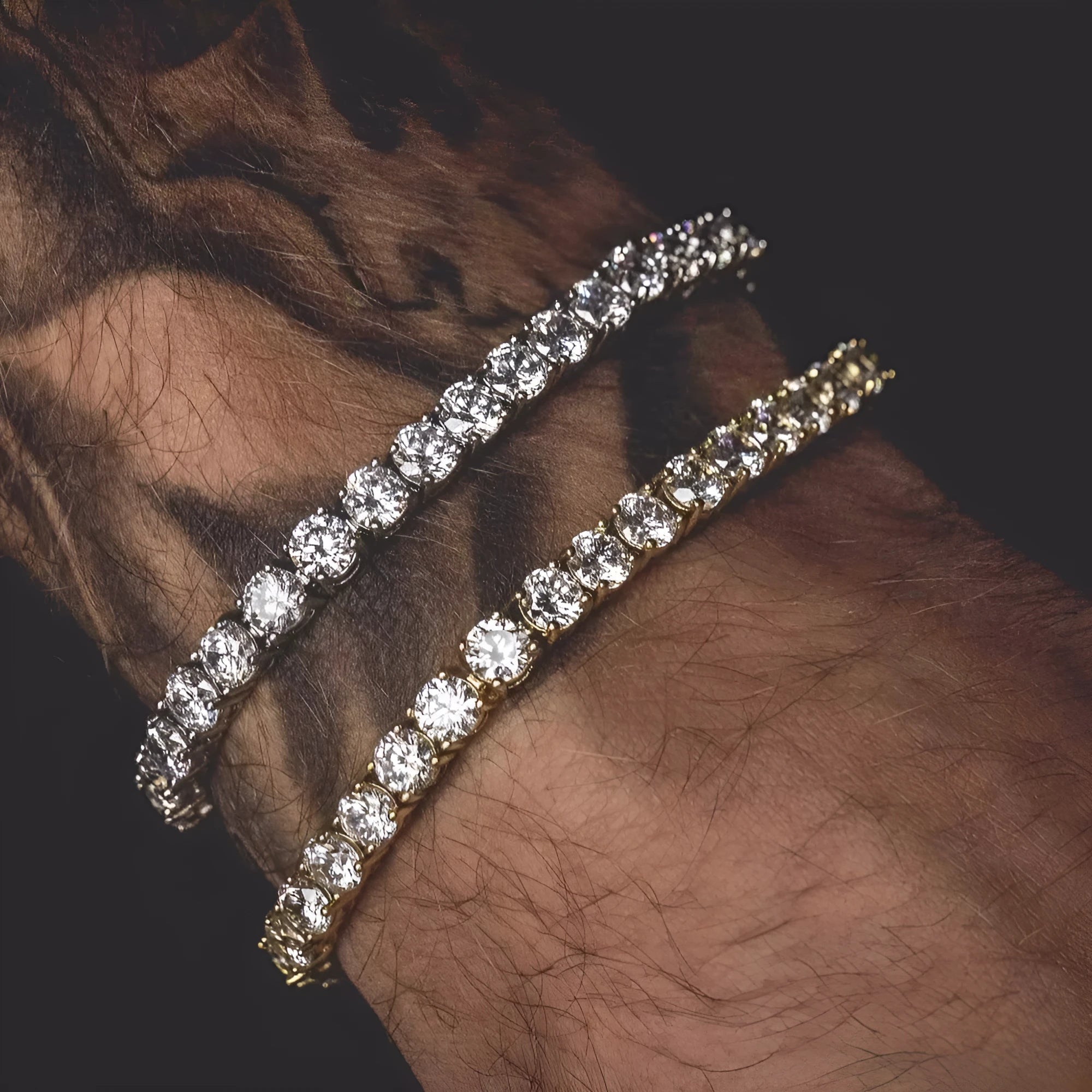 Men's single row iced out rhinestone tennis bracelet in gold and silver alloy link chain style