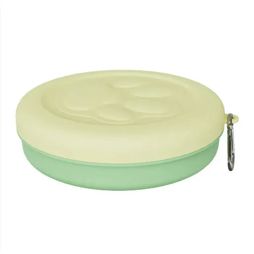 Portable plastic dog feeding bowl in green and pink colour options for outdoor use